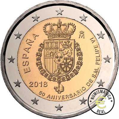 ESPAÑA 2018 2 EUROS CONMEMORATIVA PROOF - "50 ANIVERSARIO DEL REY FELIPE VI" BE - CARTERA OFICIAL PP. - Imagen 2