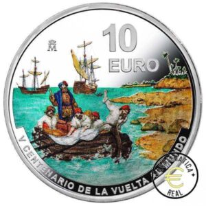 ESPAÑA 2021 10 EUROS PROOF - 8 REALES "V CENTENARIO DE LA PRIMERA VUELTA AL MUNDO 3º MONEDA - ELCANO, LLEGADA A LA ISLA DE LAS ESPECIES" BE - PP.