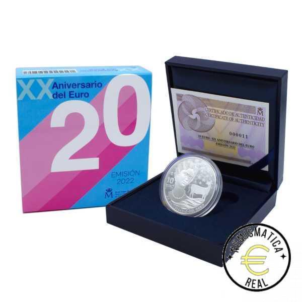 ESPAÑA 2022 10 EUROS PROOF - 8 REALES "XX ANIVRSARIO DEL EURO" BE - PP.