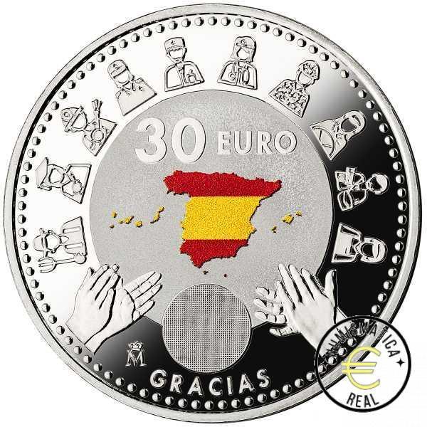 ESPAÑA 2020 30 EUROS DE PLATA - APLAUSOS "HOMENAJE SANITARIOS COVID-19" UNC CON COLOR. EN BOLSITA ORIGINAL. - Imagen 2