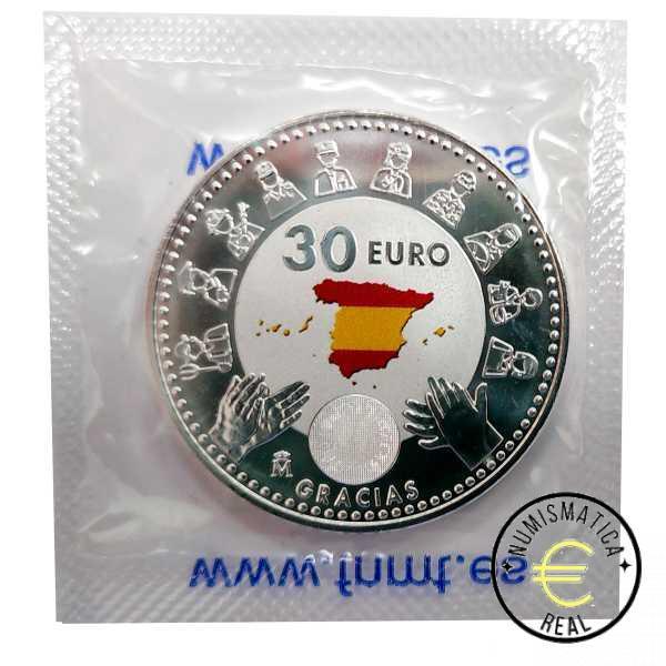 ESPAÑA 2020 30 EUROS DE PLATA - APLAUSOS "HOMENAJE SANITARIOS COVID-19" UNC CON COLOR. EN BOLSITA ORIGINAL.