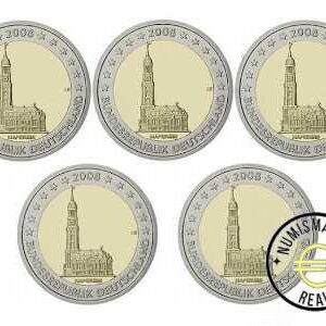 ALEMANIA 2008 2 EUROS CONMEMORATIVA UNC -"ESTADO DE HAMBURGO" LAS 5 CECAS LETRA A,D,F,G,J - S/C.