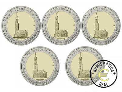 ALEMANIA 2008 2 EUROS CONMEMORATIVA UNC -"ESTADO DE HAMBURGO" LAS 5 CECAS LETRA A,D,F,G,J - S/C.