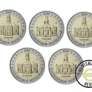 ALEMANIA 2009 2 EUROS CONMEMORATIVA UNC -"CASTILLO DE SAARLAND" LAS 5 CECAS LETRA A,D,F,G,J- S/C.