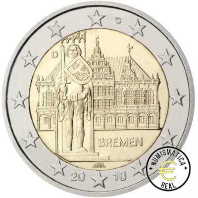 ALEMANIA 2010 2 EUROS CONMEMORATIVA UNC -"BREMEN ROLAND" LAS 5 CECAS LETRA A,D,F,G,J - S/C. - Imagen 2