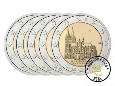 ALEMANIA 2011 2 EUROS CONMEMORATIVA UNC -"Norte-Westfalia   - Catedral de Colonia" LAS 5 CECAS LETRA A,D,F,G,J - S/C.