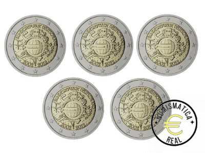 ALEMANIA 2012 2 EUROS CONMEMORATIVA UNC -"10 ANIV. DE LA UNION EUROPEA - TYE" LAS 5 CECAS LETRA A,D,F,G,J - S/C.