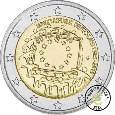 ALEMANIA 2015 2 EUROS CONMEMORATIVA UNC -"30 ANIV. DE LA BANDERA EUROPEA" LAS 5 CECAS LETRA A,D,F,G,J - S/C. - Imagen 2