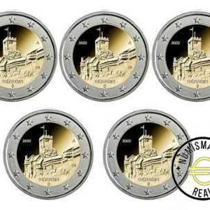 5x ALEMNIA 2022 2 EUROS CONMEMORATIVA UNC "TURINGIA-WARTBURG" S/C. 5 CEDAS (A,D,F,J,G)
