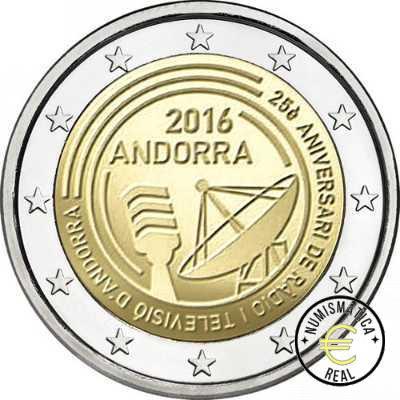 ANDORRA 2016 2 EUROS CONMEMORATIVA UNC - 25 ANIVERSARIO DE LA RADIO Y TELEVISION DE ANDORRA (EN COINCARD) - S/C.