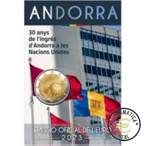 ANDORRA 2023 2 EUROS CONMEMORATIVA BU - 30 AÑOS DEL INGRESO DE ANDORRA A LA ONU - EN COINCARD - BU.