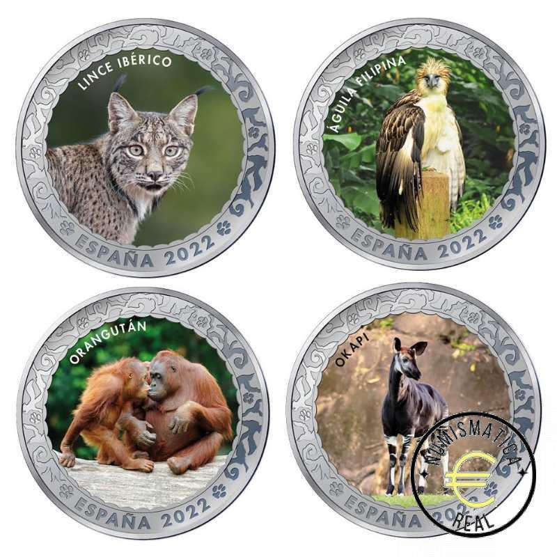 ESPAÑA 2022 1,5 EUROS CONMEMORATIVA 2º SERIE 4 MONEDAS - ANIMALES EN PELIGRO DE EXTINCION - EN COLOR UNC.