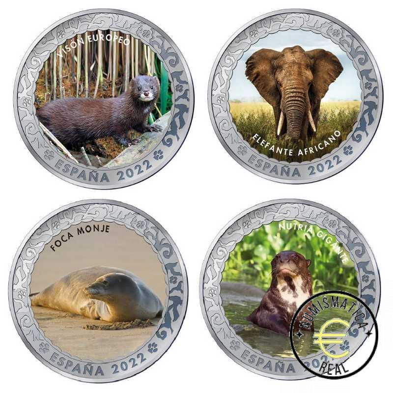 ESPAÑA 2022 1,5 EUROS CONMEMORATIVA 4º SERIE 4 MONEDAS - ANIMALES EN PELIGRO DE EXTINCION - EN COLOR UNC.