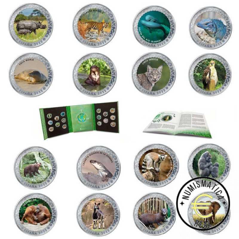 ESPAÑA 2022 1,5 EUROS CONMEMORATIVA COMPLETA 16 MONEDAS - ANIMALES EN PELIGRO DE EXTINCION - EN COLOR + ESTUCHE UNC.