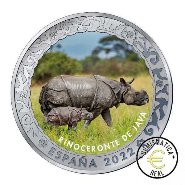 ESPAÑA 2022 1,5 EUROS CONMEMORATIVA 11º MONEDA - RINOCERONTE DE JAVA - ANIMALES EN EXTINCION - EN COLOR UNC.
