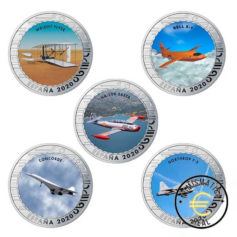 ESPAÑA 2020 1,5 EUROS CONMEMORATIVA COMPLETA 20 MONEDAS - HISTORIA DE LA AVIACION - EN COLOR + ESTUCHE UNC. - Imagen 2
