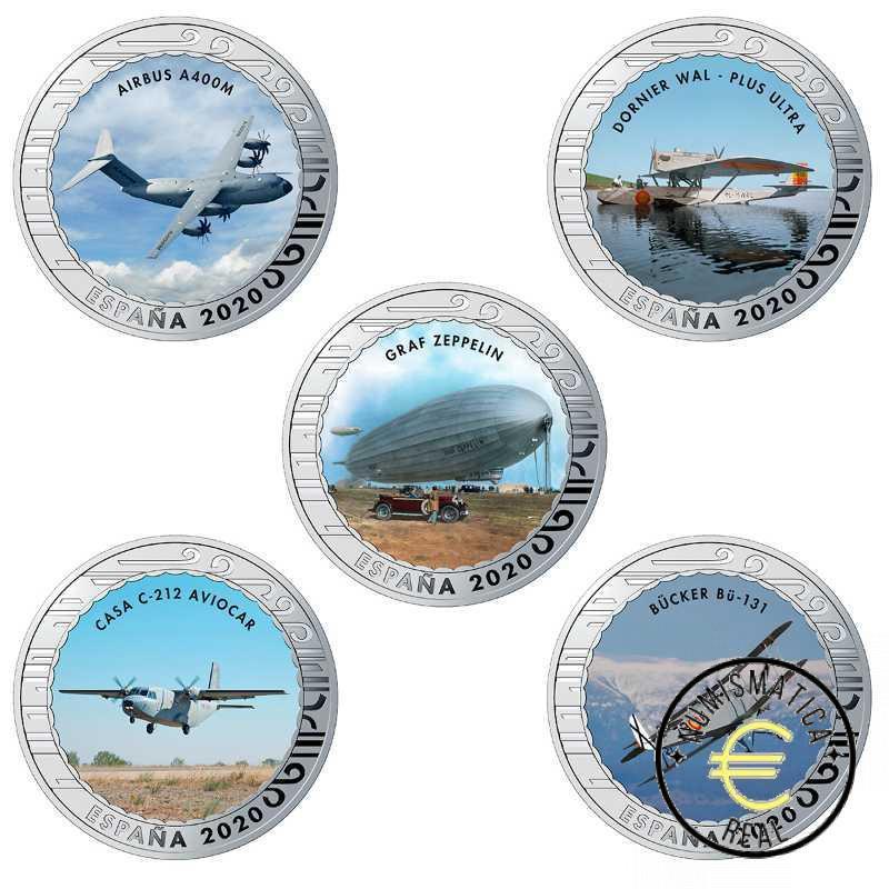 ESPAÑA 2020 1,5 EUROS CONMEMORATIVA COMPLETA 20 MONEDAS - HISTORIA DE LA AVIACION - EN COLOR + ESTUCHE UNC. - Imagen 3
