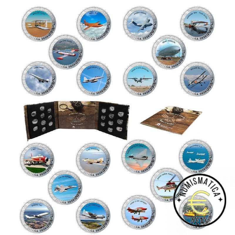 ESPAÑA 2020 1,5 EUROS CONMEMORATIVA COMPLETA 20 MONEDAS - HISTORIA DE LA AVIACION - EN COLOR + ESTUCHE UNC.