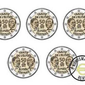 ALEMANIA 2013 2 EUROS CONMEMORATIVA UNC -"TRATADO DE ELYSEO" LAS 5 CECAS LETRA A,D,F,G,J - S/C.