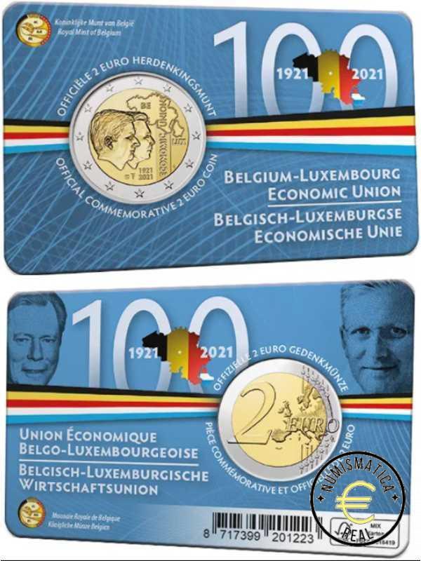 BELGICA 2021 2 EUROS CONMEMORATIVA UNC - 100 AÑO UNION ECONOMICA BELGA-LUXEMBURGESA (EN COINCARD) - S/C.