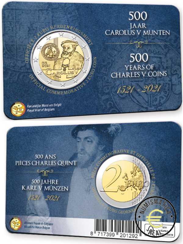BELGICA 2021 2 EUROS CONMEMORATIVA UNC - 500 AÑOS DE MONEDA DE CARLOS V (EN COINCARD) - S/C.