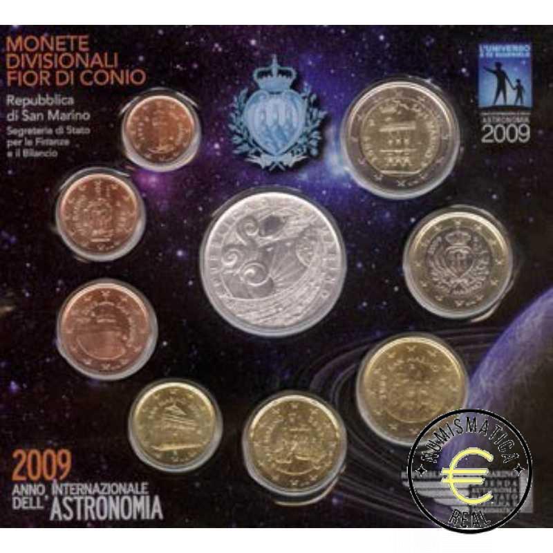 SAN MARINO 2009 CARTERA 9 VALORES KMS CALIDAD BU - DE 1 CENT A 2 EUROS + 5 EUROS DE PLATA "ASTRONOMIA" - EN CARTERA OFICIAL - EUROSET. - Imagen 2