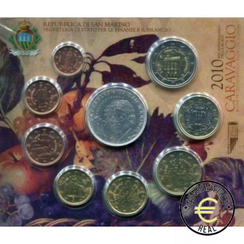 SAN MARINO 2010 CARTERA 9 VALORES KMS CALIDAD BU - DE 1 CENT A 2 EUROS + 5 EUROS DE PLATA "CARAVAGGIO" - EN CARTERA OFICIAL - EUROSET. - Imagen 2