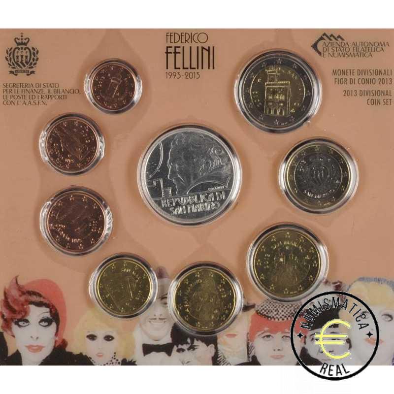 SAN MARINO 2013 CARTERA 9 VALORES KMS CALIDAD BU - DE 1 CENT A 2 EUROS + 5 EUROS DE PLATA "FEDERICO FELLINI" - EN CARTERA OFICIAL - EUROSET. - Imagen 2
