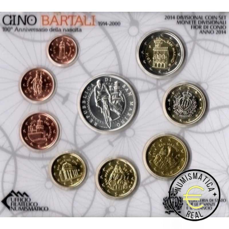 SAN MARINO 2014 CARTERA 9 VALORES KMS CALIDAD BU - DE 1 CENT A 2 EUROS + 5 EUROS DE PLATA "GINO BARTALI" - EN CARTERA OFICIAL - EUROSET. - Imagen 2