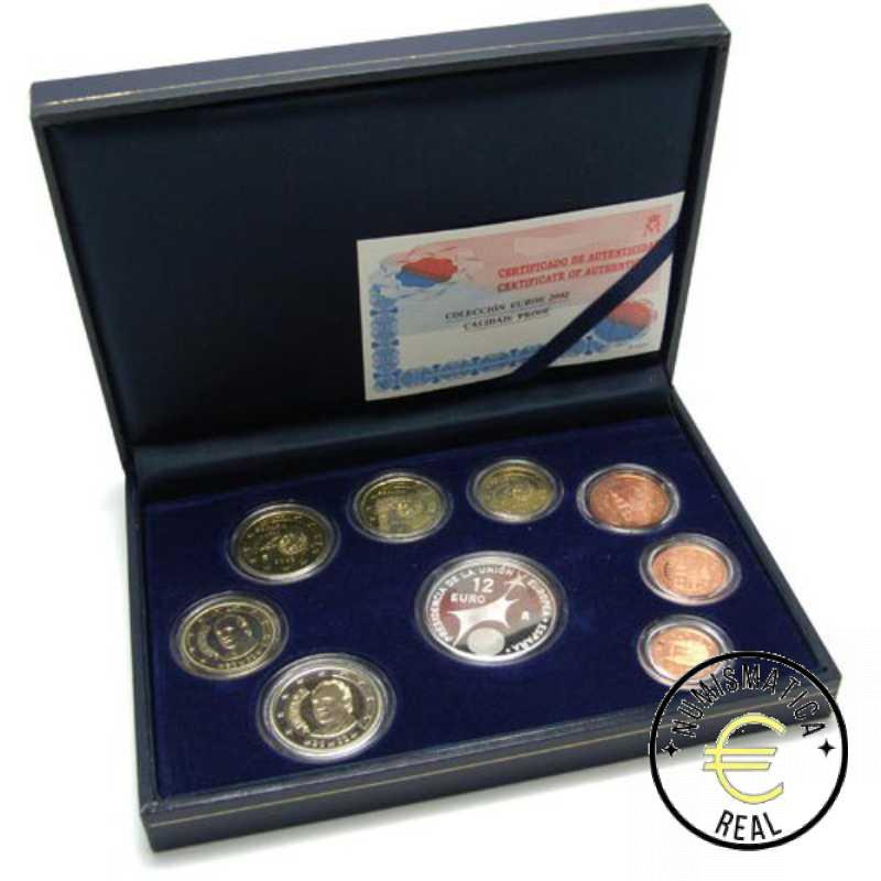 ESPAÑA 2002 9 VALORES - 8 VALORES + 12 EUROS PRESIDENCIA UE - ESTUCHE OFICIAL PROOF - EUROSET PP.
