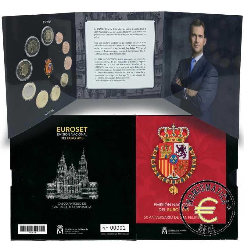 ESPAÑA 2018 10 VALORES - SERIE DE 1CENT A 2 EUROS 8 VALORES + 2 EUROS COM. "SANTIAGO DE COMPOSTELA + ANIVERSARIO FELIPE VI" - CARTERA BU - EUROSET.