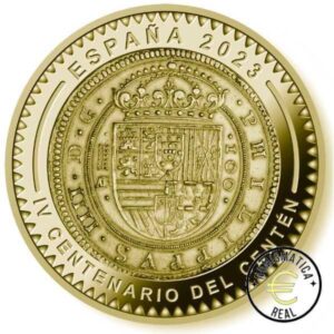 ESPAÑA 2023 100 EUROS PROOF - CINCUENTIN "SERIE JOYAS DEL MUSEO DE LA CASA DE LA MONEDA – CUARTO CENTENARIO CENTEN" BE -PLATA BAÑO EN ORO PP + 5,4 Oz .