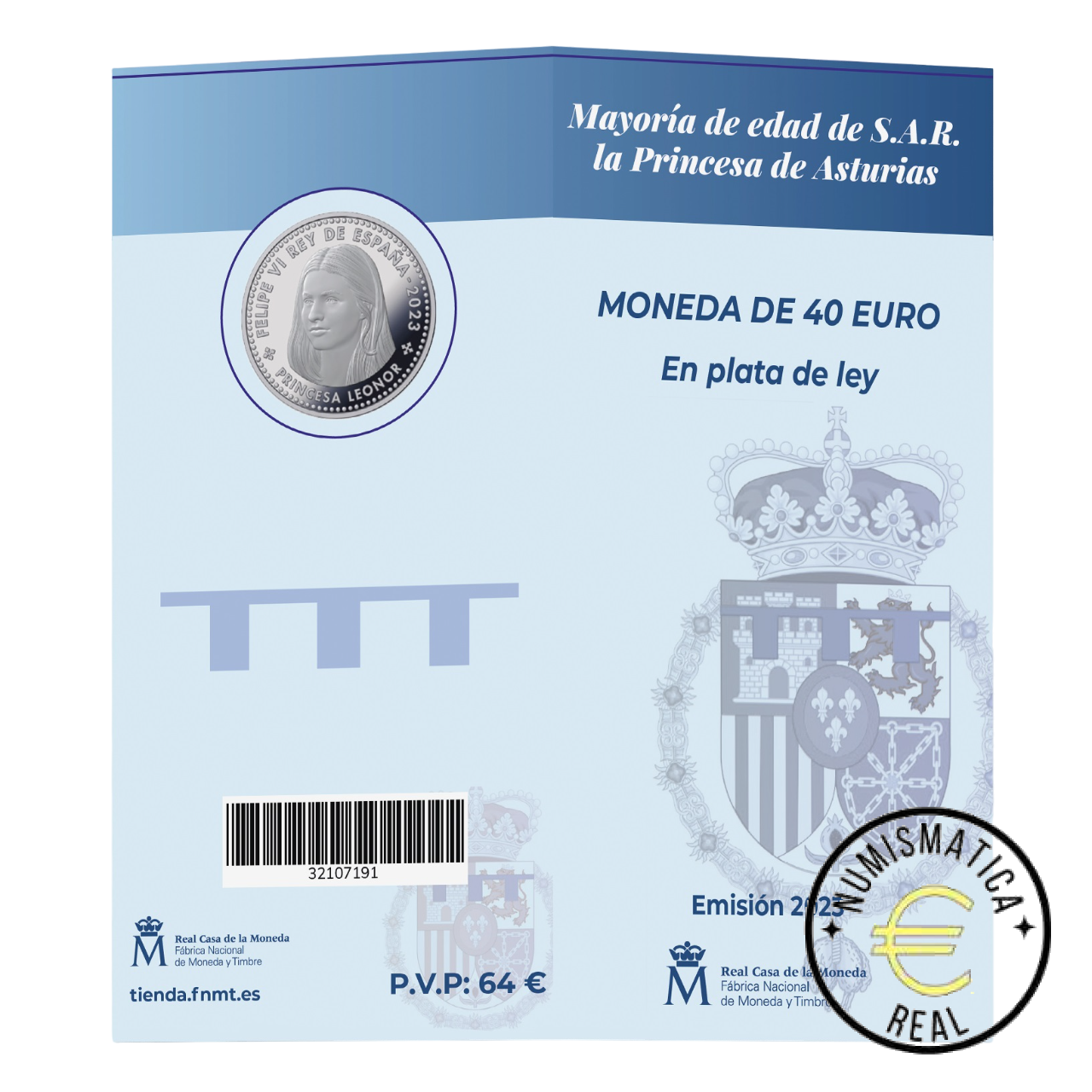 ESPAÑA 2023 40 EUROS DE PLATA EN ESTUCHE - ESCUDO DE ARMAS Y "PRINCESA LEONOR DE ASTURIAS" CALIDAD ESPECIAL SIMILAR A PROOF EN COLOR. EN CARTERA ORIGINAL.