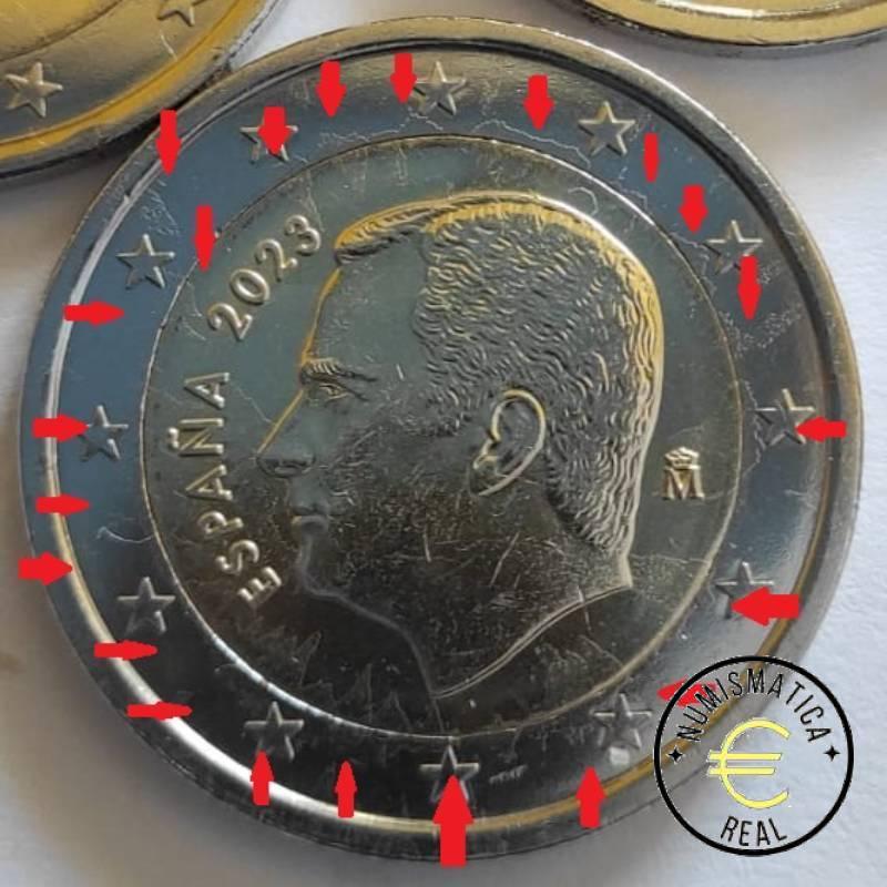 ESPAÑA 2023 2 EUROS COMUN UNC - FELIPE VI - CON ERROR - DE DESGASTE DE CUÑA - CON EXCESO DE MATERIAL LEVE S/C.