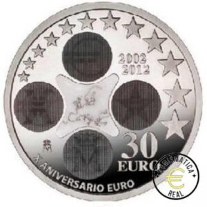 ESPAÑA 2012 30 EUROS DE PLATA - "X ANIVERSARIO DEL EURO COMO MONEDA UNICA" UNC. EN BOLSITA ORIGINAL.