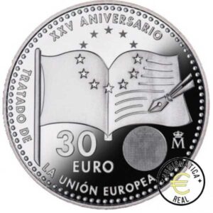 ESPAÑA 2017 30 EUROS DE PLATA - BANDERA "25º ANV. TRATADO DE LA UNION EUROPEA" UNC. EN BOLSITA ORIGINAL.