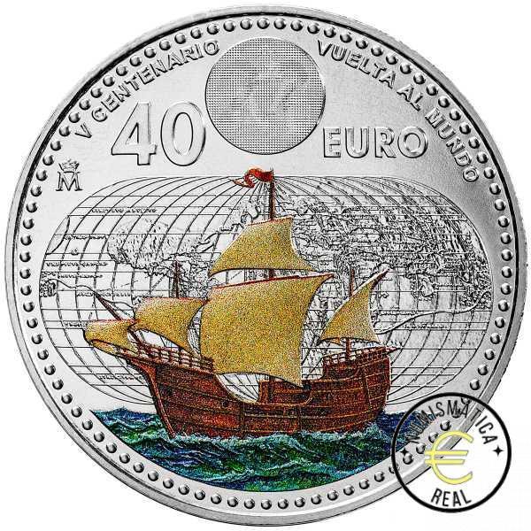ESPAÑA 2022 40 EUROS DE PLATA - "V CENTENARIO VUELTA AL MUNDO POR JUAN SEBASTIAN DE ELCANON" UNC CON COLOR. EN BOLSITA ORIGINAL - Imagen 2