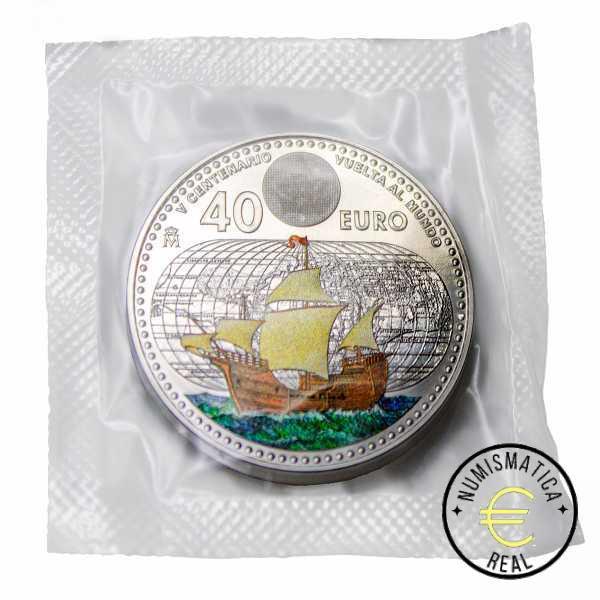ESPAÑA 2022 40 EUROS DE PLATA - "V CENTENARIO VUELTA AL MUNDO POR JUAN SEBASTIAN DE ELCANON" UNC CON COLOR. EN BOLSITA ORIGINAL
