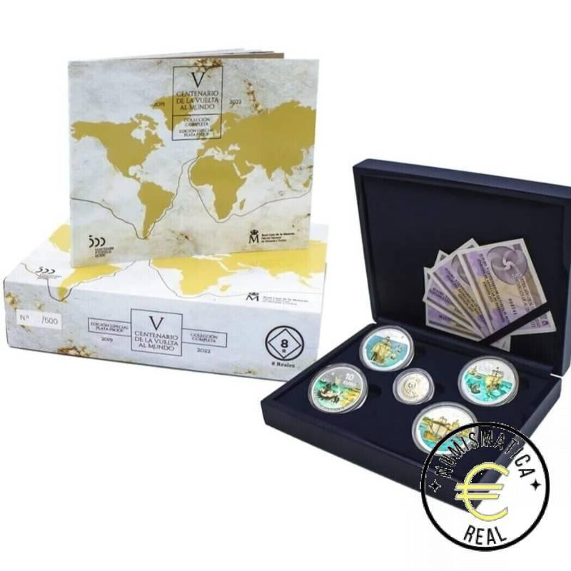 ESPAÑA 2019 2020 2021 2022. 4x 10 EUROS PROOF - 8 REALES "V CENTENARIO DE LA PRIMERA VUELTA AL MUNDO 4 MONEDA +2 EUROS PROOF- ELCANO BE - PP. SOLO 500 ESTUCHES.