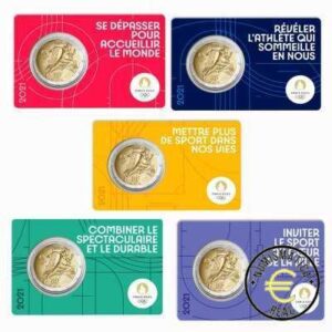 FRANCIA 2021 2 EUROS CONMEMORATIVA UNC - JUEGOS OLIMPICOS PARIS 2024 - 1 ED. (EN COINCARD) 1x VERSIONES ALETORIA DE 1 DE LOS 5 COLORES DIFERENTES – S/C.