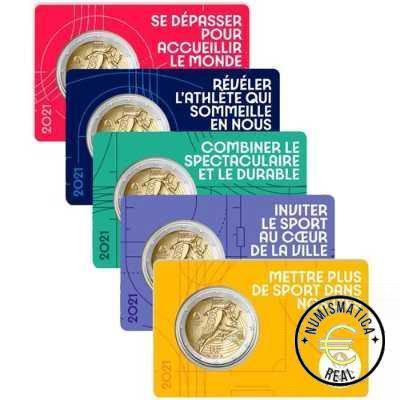 5x FRANCIA 2021 2 EUROS CONMEMORATIVA UNC - JUEGOS OLIMPICOS PARIS 2024 - 1 ED. (EN COINCARD) 5 VERSIONES EN 5 COLORES DIFERENTES. - S/C.