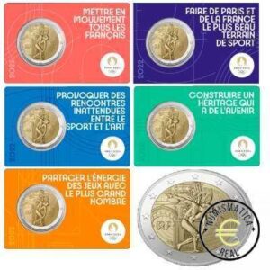 5x FRANCIA 2022 2 EUROS CONMEMORATIVA UNC - JUEGOS OLIMPICOS PARIS 2024 - 2 ED. (EN COINCARD) 5 VERSIONES EN 5 COLORES DIFERENTES. - S/C.