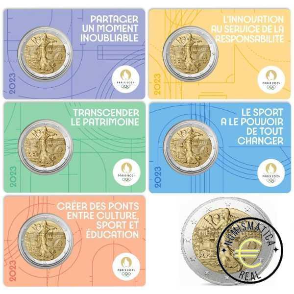 5x FRANCIA 2023 2 EUROS CONMEMORATIVA UNC - JUEGOS OLIMPICOS PARIS 2024 - 3 ED. (EN COINCARD) 5 VERSIONES EN 5 COLORES DIFERENTES. - S/C.