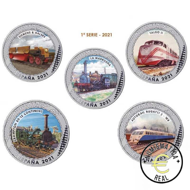 ESPAÑA 2021 1,5 EUROS CONMEMORATIVA 2022-21 COMPLETA 20 MONEDAS - HISTORIA DEL FERROCARRIL - EN COLOR + ESTUCHE UNC. - Imagen 2