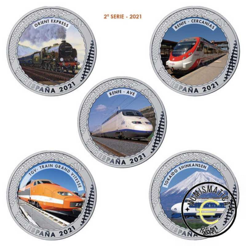 ESPAÑA 2021 1,5 EUROS CONMEMORATIVA 2022-21 COMPLETA 20 MONEDAS - HISTORIA DEL FERROCARRIL - EN COLOR + ESTUCHE UNC. - Imagen 3