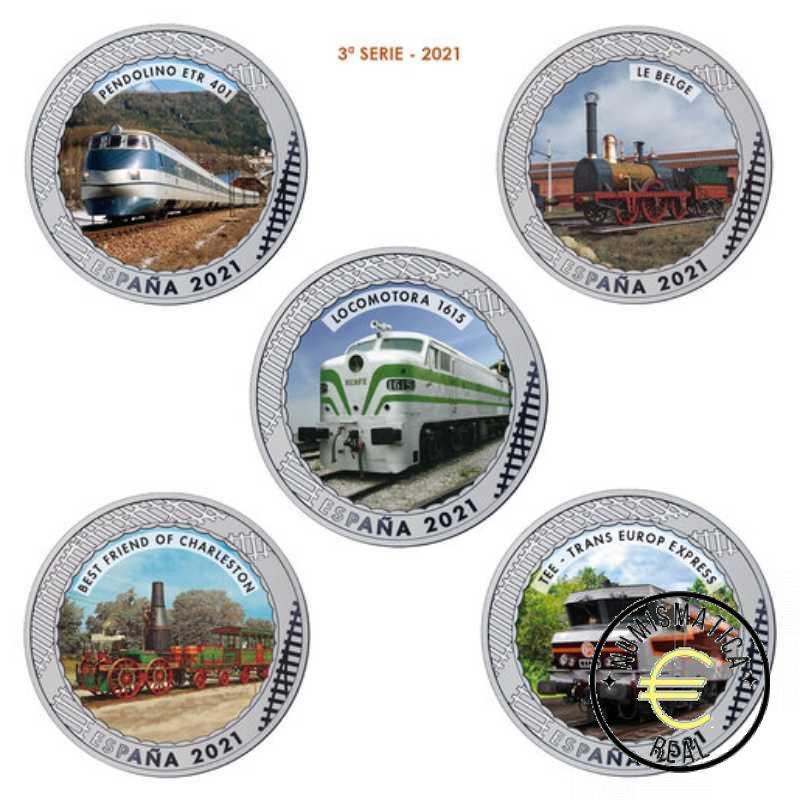 ESPAÑA 2021 1,5 EUROS CONMEMORATIVA 2022-21 COMPLETA 20 MONEDAS - HISTORIA DEL FERROCARRIL - EN COLOR + ESTUCHE UNC. - Imagen 4