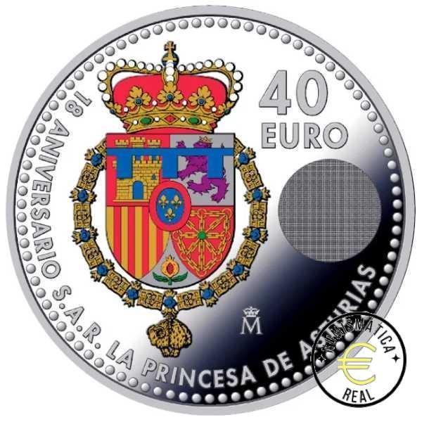 ESPAÑA 2023 40 EUROS DE PLATA - ESCUDO DE ARMAS "PRINCESA LEONOR DE ASTURIAS" 18 CUMPLEAÑOS UNC CON COLOR. EN BOLSITA ORIGINAL