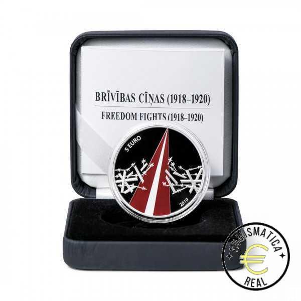 LETONIA 2019 5 EUROS DE PLATA CONMEMORATIVA PROOF - LUCHA POR LA LIBERTAD - EN ESTUCHE OFICIAL - CON COLOR PP.