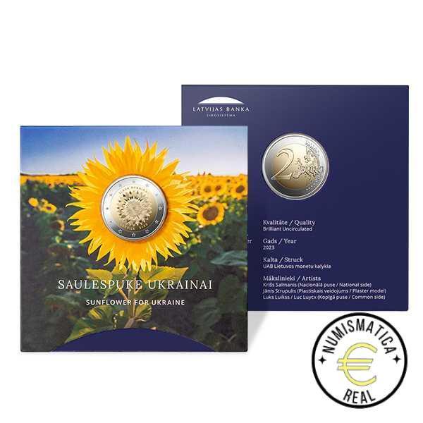 LETONIA 2023 2 EUROS CONMEMORATIVA BU - EL GIRASOL UCRANIANO- APOYO UCRANIA - EN COINCARD - BNC. - Imagen 2