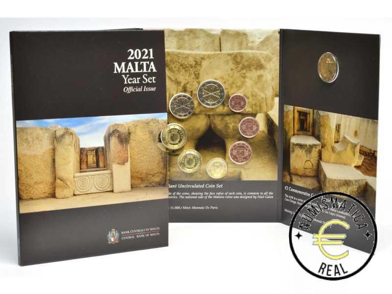MALTA 2021 9 VALORES, 8 DE LA SERIE + 1 CONMEMORATIVAS 2 EUROS "TEMPLO DE TARXIEN CECA - F" CARTERA BU - EUROSET.